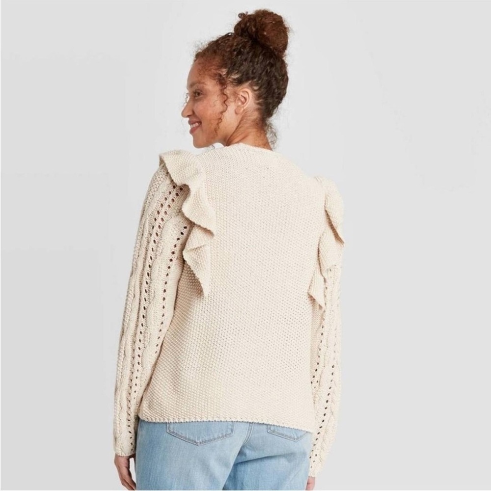 Universal Thread Cream Ruffle Open-Front Cable Knit Cardigan Size L 🤍 - Picture 5 of 15